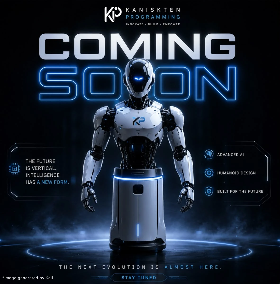 Kail HX-1 concept art: a white armored humanoid upper body on a cylindrical base with Coming Soon text